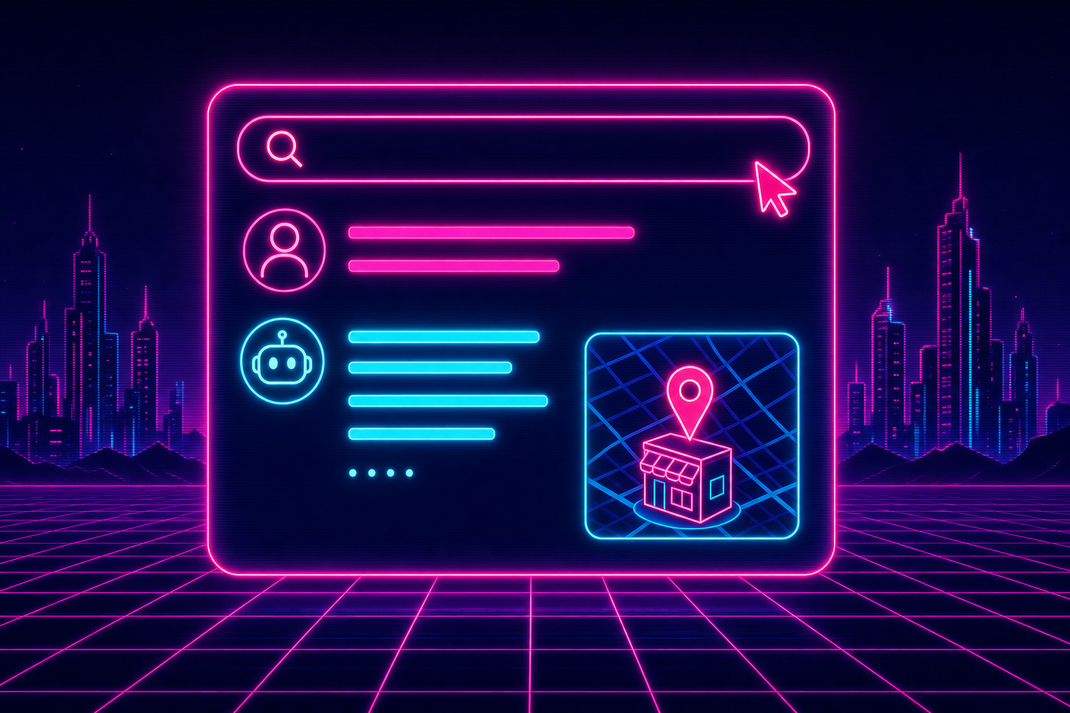 Neon illustration of an AI search engine answering a question about a local business